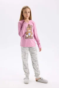 DeFacto Girl's Pajama Set Teddy Bear Printed Long Sleeve Top Elastic Waist Patterned Long Bottom - Image 2