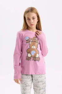 DeFacto Girl's Pajama Set Teddy Bear Printed Long Sleeve Top Elastic Waist Patterned Long Bottom - Image 3
