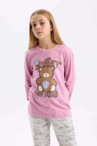 DeFacto Girl's Pajama Set Teddy Bear Printed Long Sleeve Top Elastic Waist Patterned Long Bottom - Image 4