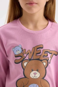 DeFacto Girl's Pajama Set Teddy Bear Printed Long Sleeve Top Elastic Waist Patterned Long Bottom - Image 5