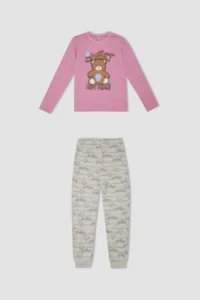 DeFacto Girl's Pajama Set Teddy Bear Printed Long Sleeve Top Elastic Waist Patterned Long Bottom - Image 7
