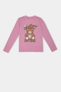 DeFacto Girl's Pajama Set Teddy Bear Printed Long Sleeve Top Elastic Waist Patterned Long Bottom - Image 8