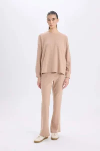 DeFacto Pajama Set Regular Fit Basic Plain Long Sleeve Top Wide Wide Leg Bottom