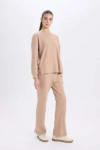 DeFacto Pajama Set Regular Fit Basic Plain Long Sleeve Top Wide Wide Leg Bottom - Image 2
