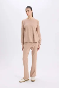 DeFacto Pajama Set Regular Fit Basic Plain Long Sleeve Top Wide Wide Leg Bottom - Image 3