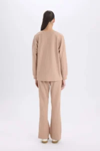 DeFacto Pajama Set Regular Fit Basic Plain Long Sleeve Top Wide Wide Leg Bottom - Image 6