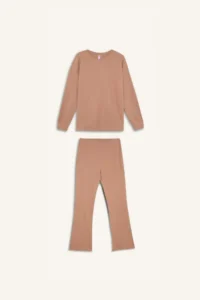 DeFacto Pajama Set Regular Fit Basic Plain Long Sleeve Top Wide Wide Leg Bottom - Image 7