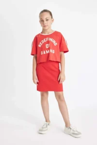 DeFacto Girl's 2-Piece Set Ribbed Camisole Dress Printed Short Sleeve T-Shirt