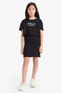DeFacto Set of 2 Ribbed Camisole Dress Printed Short Sleeve T-Shirt Girls