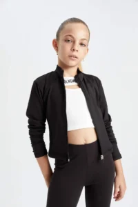 DeFacto Basic Plain Zipper Pocket Stand Collar Black Cardigan Girl