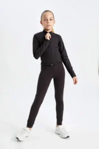 DeFacto Basic Plain Zipper Pocket Stand Collar Black Cardigan Girl - Image 2