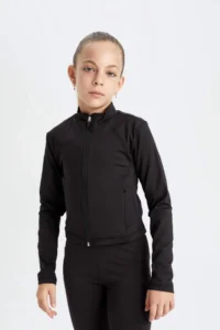 DeFacto Basic Plain Zipper Pocket Stand Collar Black Cardigan Girl - Image 3