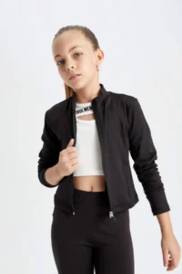 DeFacto Basic Plain Zipper Pocket Stand Collar Black Cardigan Girl - Image 4