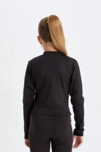 DeFacto Basic Plain Zipper Pocket Stand Collar Black Cardigan Girl - Image 5