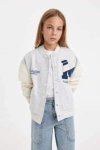 DeFacto Printed College Collar Snap Pocket Seasonal Lightweight Soft Furry Bomber Jacket for Girls