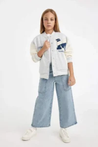 DeFacto Printed College Collar Snap Pocket Seasonal Lightweight Soft Furry Bomber Jacket for Girls - Image 2