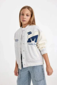 DeFacto Printed College Collar Snap Pocket Seasonal Lightweight Soft Furry Bomber Jacket for Girls - Image 3