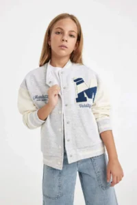 DeFacto Printed College Collar Snap Pocket Seasonal Lightweight Soft Furry Bomber Jacket for Girls - Image 4