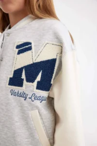 DeFacto Printed College Collar Snap Pocket Seasonal Lightweight Soft Furry Bomber Jacket for Girls - Image 5