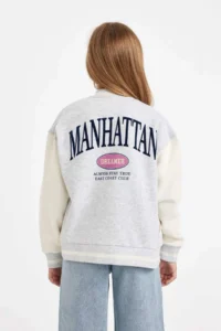 DeFacto Printed College Collar Snap Pocket Seasonal Lightweight Soft Furry Bomber Jacket for Girls - Image 6