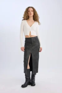DeFacto Pencil Washed High Waist Faux Leather Midi Skirt - Image 2