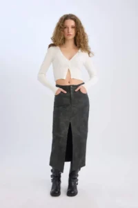 DeFacto Pencil Washed High Waist Faux Leather Midi Skirt - Image 3