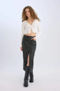 DeFacto Pencil Washed High Waist Faux Leather Midi Skirt - Image 4