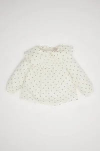 DeFacto Big Collar Polka Dot Twill Long Sleeve Ecru Baby Girl Shirt D3046A5/ER99