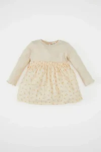 DeFacto Baby Girl Crew Neck Long Sleeve Corduroy Skirt Floral Patterned Camisole Dress