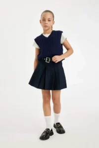 DeFacto Belted Gabardine Pleated School Skirt for Girls