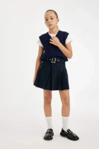 DeFacto Belted Gabardine Pleated School Skirt for Girls - Image 2