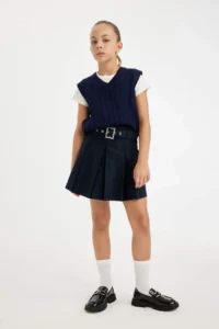 DeFacto Belted Gabardine Pleated School Skirt for Girls - Image 3
