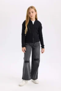 DeFacto Girl's Hooded Ribbed Camisole Zipper Sweatshirt - Image 2