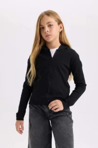 DeFacto Girl's Hooded Ribbed Camisole Zipper Sweatshirt - Image 3