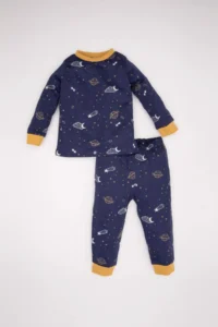 DeFacto Baby Boy Pajamas Set Star Patterned Combed Cotton Long Sleeve Top with Elastic Waist Long Bottom