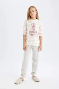 DeFacto Girl's Pajama Set Printed Long Sleeve Top with Elastic Waist Long Bottom