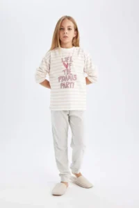 DeFacto Girl's Pajama Set Printed Long Sleeve Top with Elastic Waist Long Bottom - Image 2