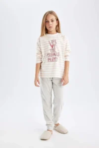 DeFacto Girl's Pajama Set Printed Long Sleeve Top with Elastic Waist Long Bottom - Image 3