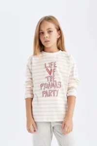 DeFacto Girl's Pajama Set Printed Long Sleeve Top with Elastic Waist Long Bottom - Image 4