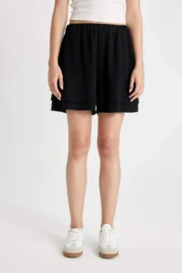 DeFacto Regular Fit Normal Waist Short Leg Linen Blend Black Shorts