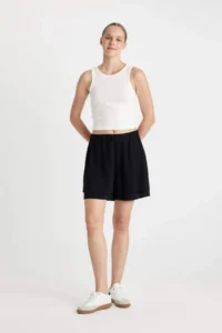 DeFacto Regular Fit Normal Waist Short Leg Linen Blend Black Shorts - Image 2