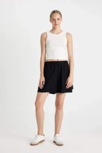 DeFacto Regular Fit Normal Waist Short Leg Linen Blend Black Shorts - Image 3