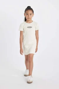 DeFacto Girl's Printed Ribbed Camisole Short Sleeve Summer Dress
