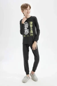 DeFacto Boy's Pajama Set Printed Long Sleeve Top Long Bottom
