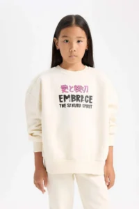 DeFacto Girl's 2-Piece Set Printed Sweatshirt Top with Elastic Waist Jogger Sweatpants - Image 3