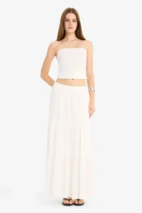 DeFacto A-Line High Waist Cotton Lined Crinkle Viscose Slim Maxi White Skirt - Image 2