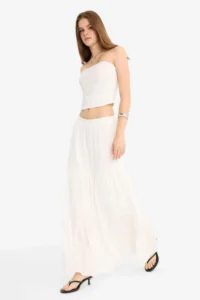 DeFacto A-Line High Waist Cotton Lined Crinkle Viscose Slim Maxi White Skirt - Image 5