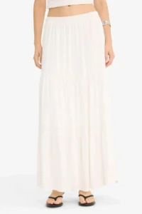 DeFacto A-Line High Waist Cotton Lined Crinkle Viscose Slim Maxi White Skirt - Image 6