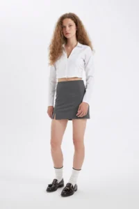 DeFacto High Waist Basic Plain Cotton Slit Lined Mini Skirt - Image 2