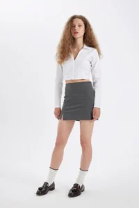 DeFacto High Waist Basic Plain Cotton Slit Lined Mini Skirt - Image 3